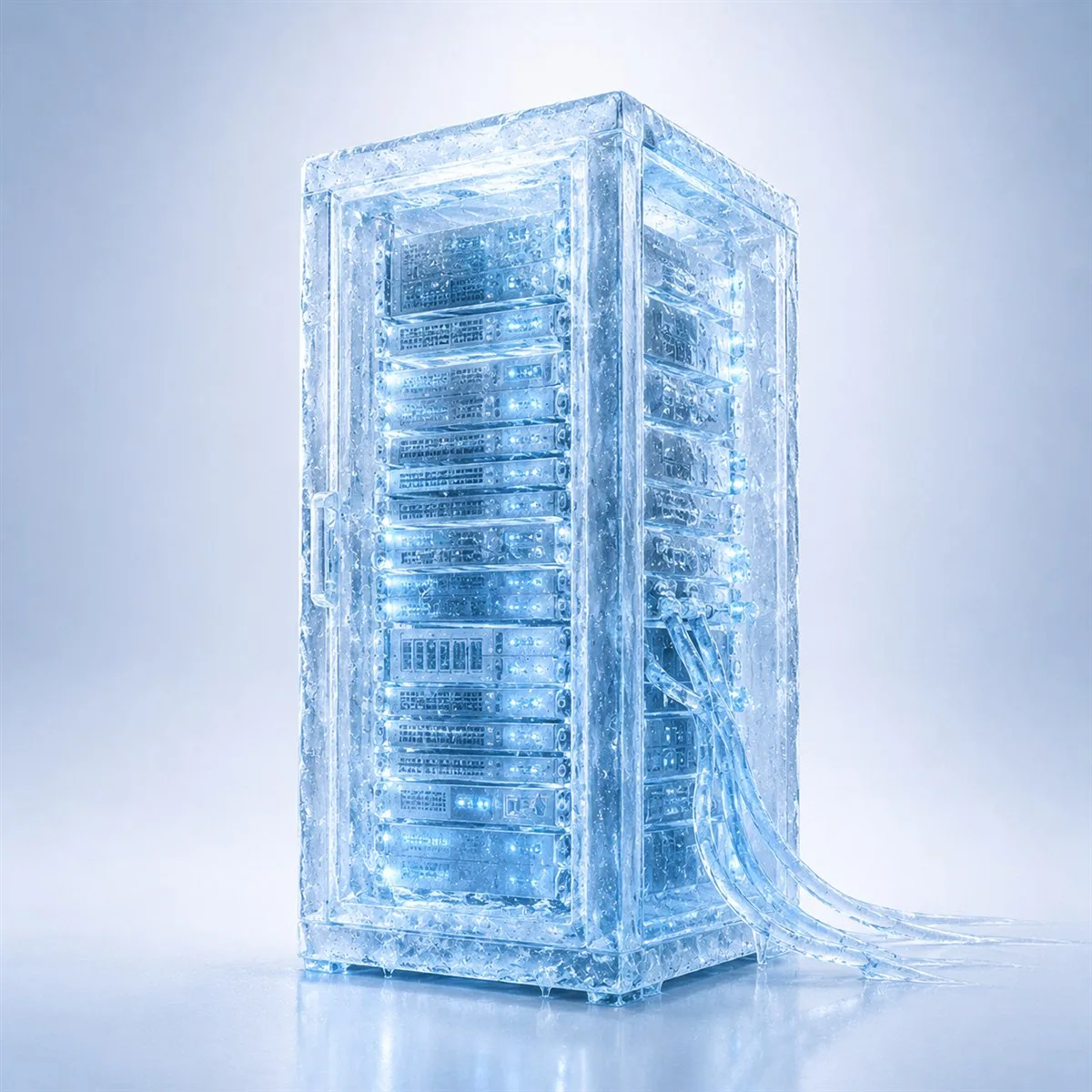 Server rack sculpted in crystalline ice